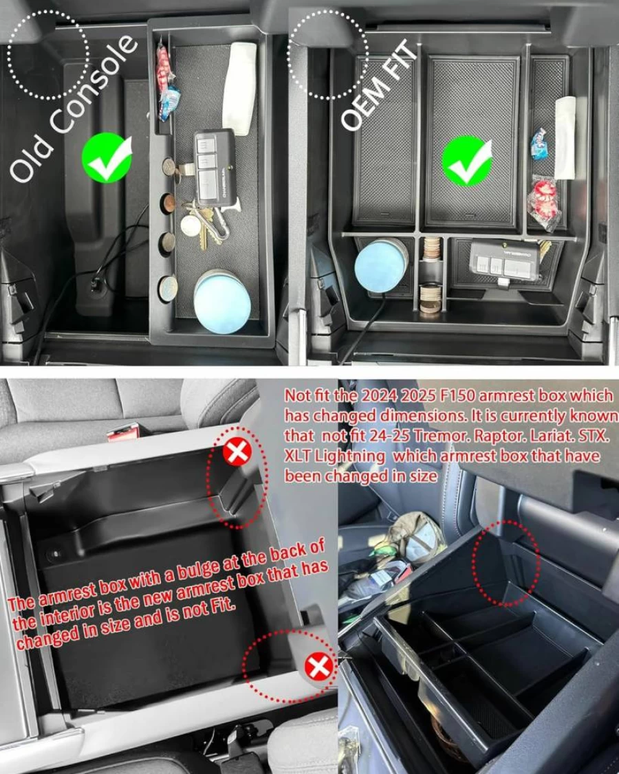 TACOBRO Center Console Organizer for Ford F-150 2021-2025 | STX/Tremor/Lariat/King Ranch/Platinum & F-150 Lightning | Armrest Storage Tray (40/Console/40 Front Seats)