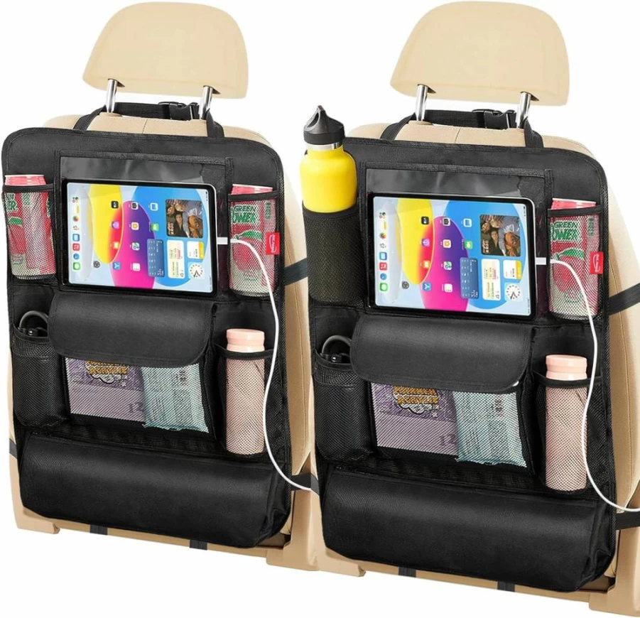 JUCAINHI Car Backseat Organizer for Kids - 2 Pack Waterproof Oxford Fabric Seat Storage with Tablet Holder, 10 Pockets for Toys, Snacks & Travel Accessories
