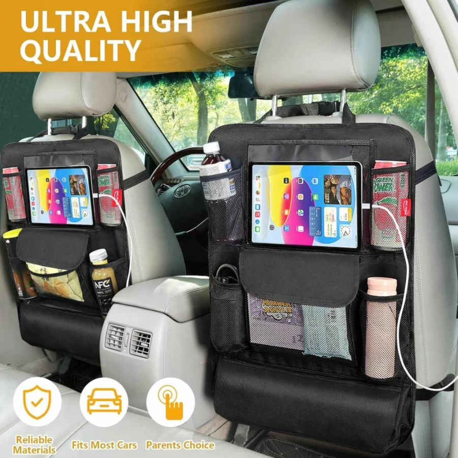 JUCAINHI Car Backseat Organizer for Kids - 2 Pack Waterproof Oxford Fabric Seat Storage with Tablet Holder, 10 Pockets for Toys, Snacks & Travel Accessories