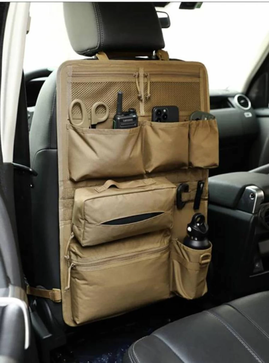 HDLSINA Tactical Car Seat Organizer with MOLLE Panels & Multiple Pockets - Universal Fit for SUV, Truck, MPV, Van (Tan)