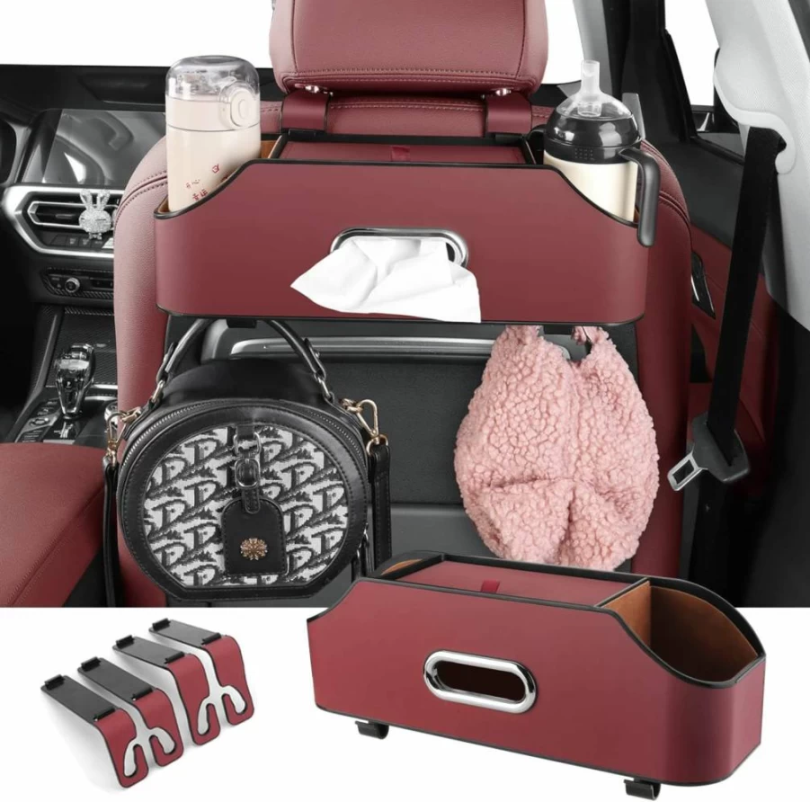 HOLDCY Car Back Seat Organizer - Multi-Functional Storage with 2 Cup Holders, Tissue Box Slot & Hooks for Kids, Travel & Road Trips (Black)