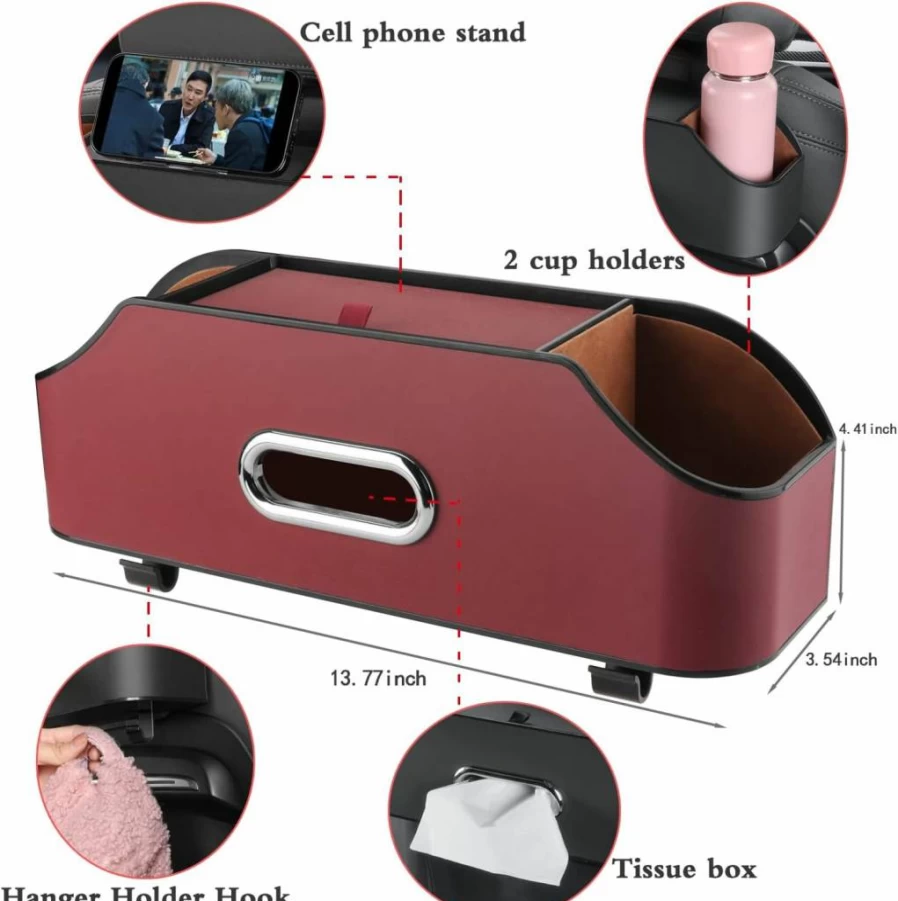 HOLDCY Car Back Seat Organizer - Multi-Functional Storage with 2 Cup Holders, Tissue Box Slot & Hooks for Kids, Travel & Road Trips (Black)