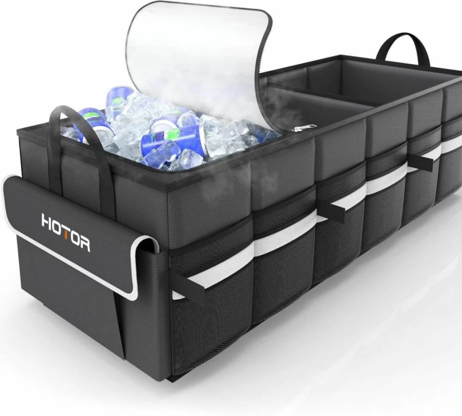 HOTOR Collapsible Trunk Organizer with Leakproof Cooler Compartment - 3-Section Car Storage for SUV, Sedan, Travel - 31.9" x 12.6" x 10.6" Black Automotive Organizer with Sturdy Base Panel