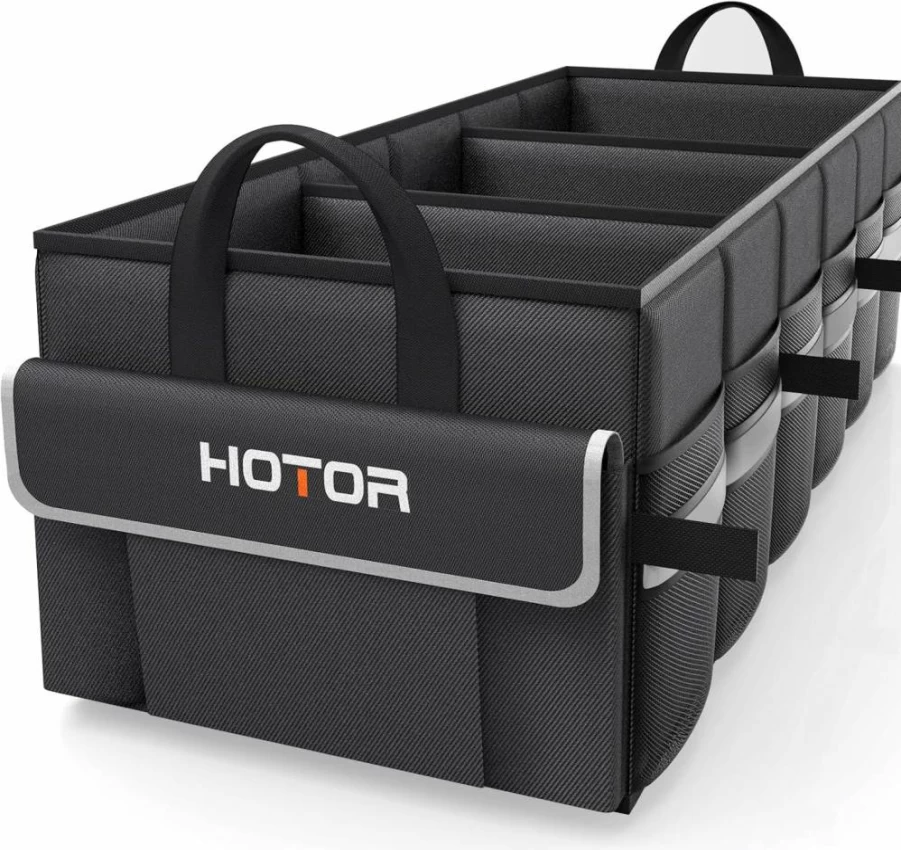 HOTOR Car Trunk Organizer with 5 Pockets & 2 Compartments - SUV, Sedan & Van Storage for Car Accessories, Sturdy Base Panel, Black, 21.3 x 12.6 x 10.6 Inches