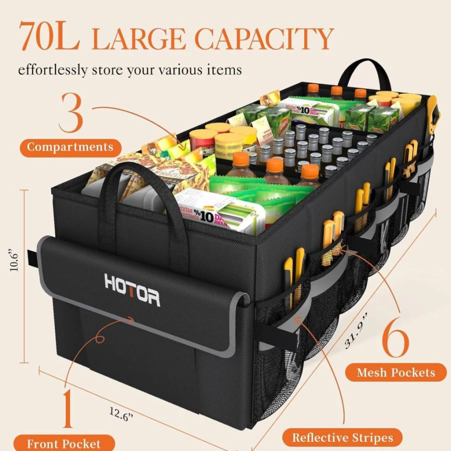 HOTOR Car Trunk Organizer with 5 Pockets & 2 Compartments - SUV, Sedan & Van Storage for Car Accessories, Sturdy Base Panel, Black, 21.3 x 12.6 x 10.6 Inches