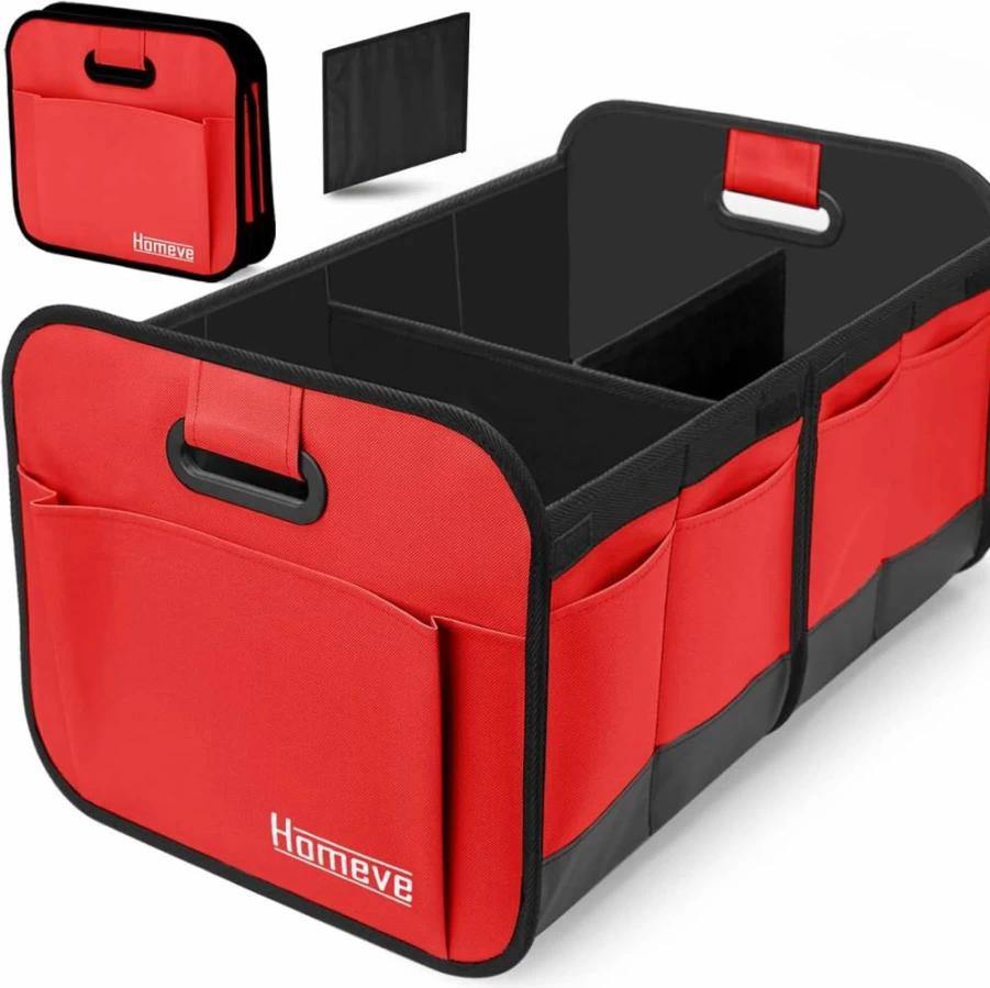 Homeve Car Trunk Organizer - Foldable, Waterproof 600D Oxford Polyester Storage with Reinforced Handles for SUV, Van, Sedan - Multi-Compartment Black Car Organizer