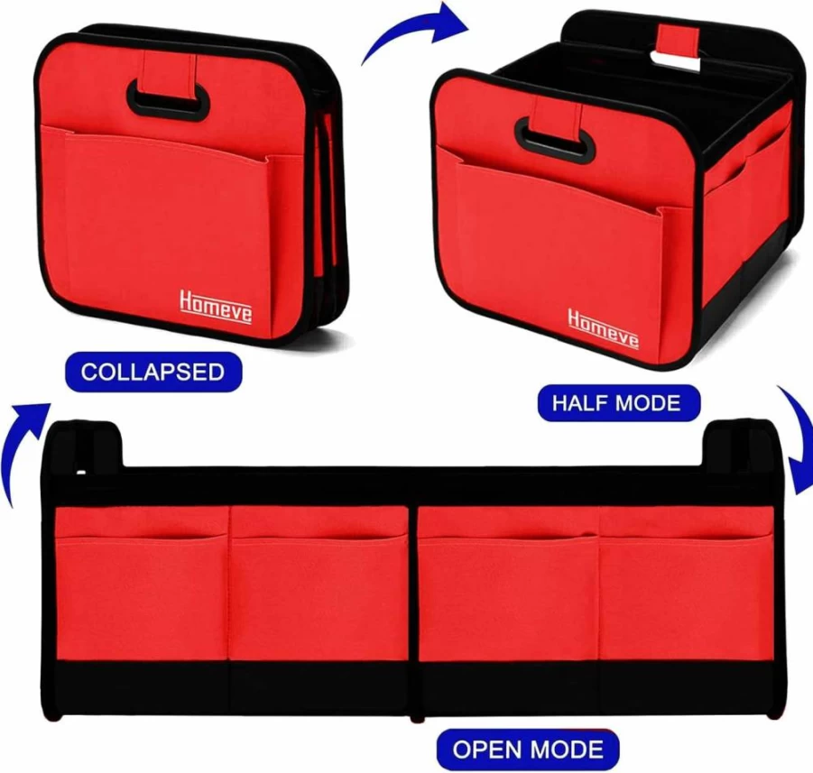 Homeve Car Trunk Organizer - Foldable, Waterproof 600D Oxford Polyester Storage with Reinforced Handles for SUV, Van, Sedan - Multi-Compartment Black Car Organizer