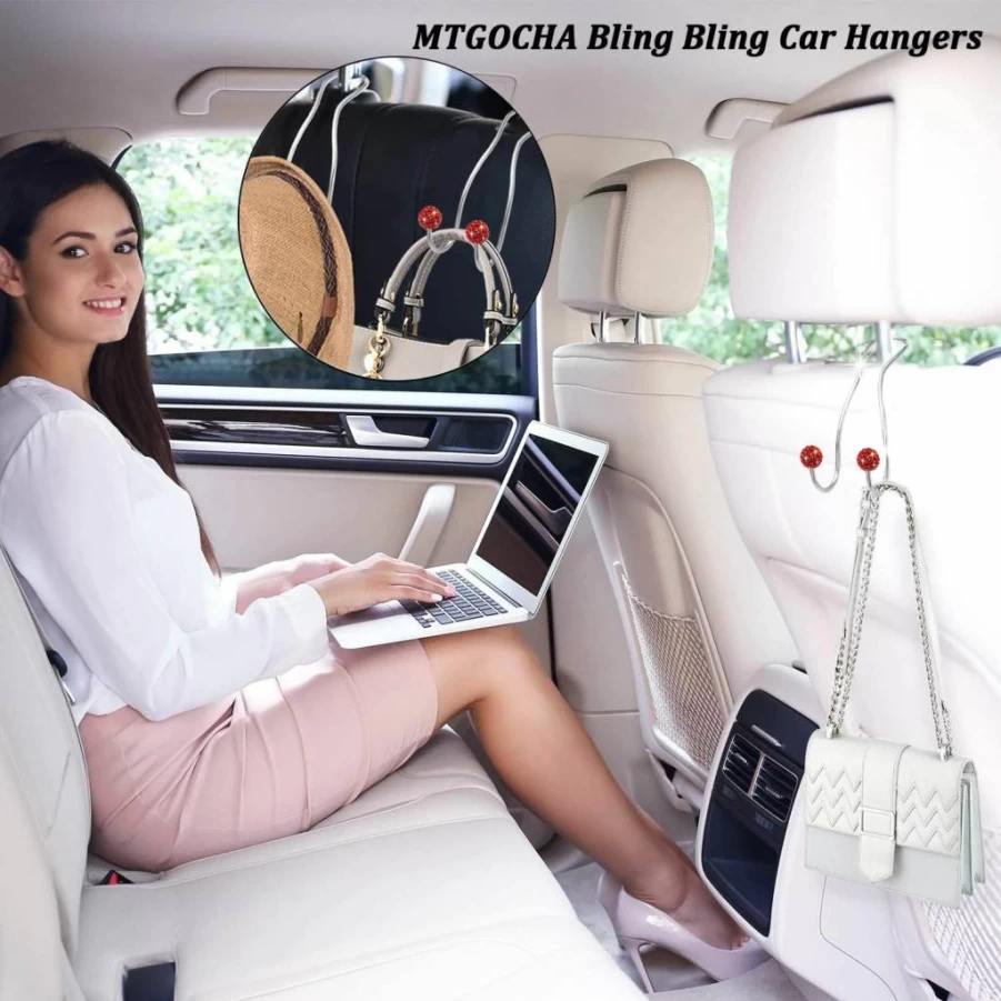 MTGOCHA Bling Car Seat Hook - 2 Pack Silver Purse Hanger for Women, Cute Headrest Bag Holder, Upgraded Car Accessories
