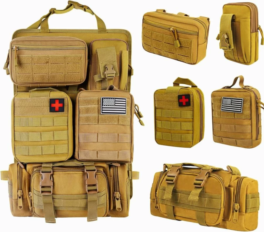 KOZEVARNY Tactical Car Seat Organizer with Molle Panel & 5 Detachable Pouches - Universal Fit for Truck, SUV, Jeep (Khaki)