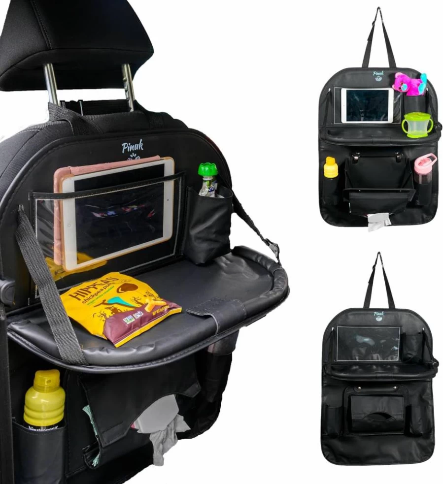 PINUK Car Backseat Organizer - Foldable Tray, Double Layer Waterproof Leather, Multiple Pockets for Family Travel & Daily Use, Easy Install