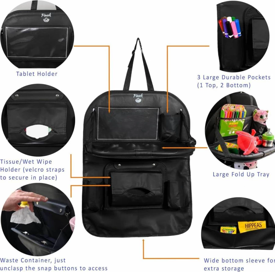PINUK Car Backseat Organizer - Foldable Tray, Double Layer Waterproof Leather, Multiple Pockets for Family Travel & Daily Use, Easy Install