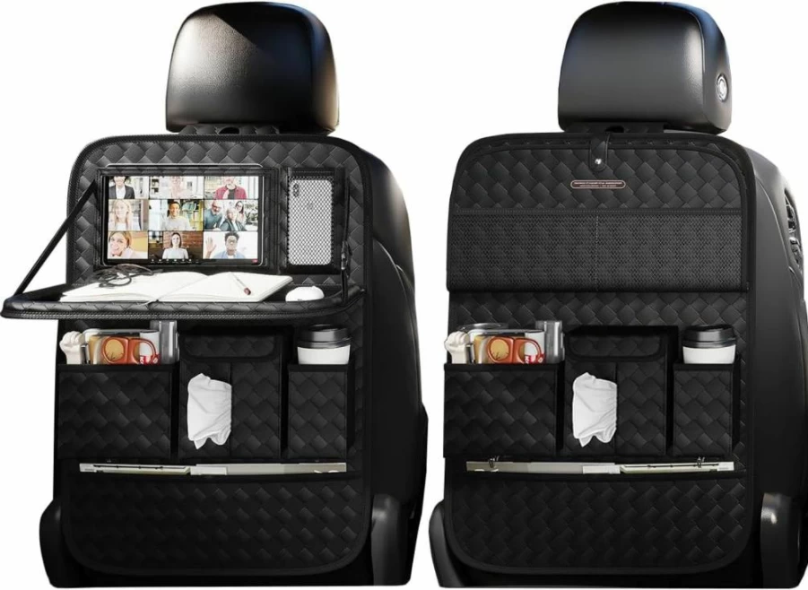 XDV 2-Pack Beige Woven Car Seat Organizer with Storage Pouches & Tray Holders - Multi-Functional Back Seat Protector for Kids & Rear Seats