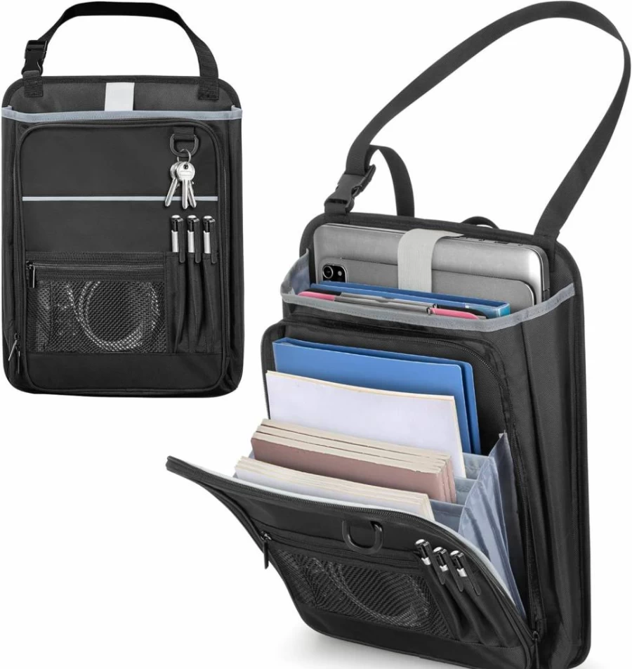 LUXJA Car Seat Organizer with Laptop Compartment (Fits 15.6 Inch), Adjustable Straps & File Pocket - Black Front Seat Storage for Passenger Side