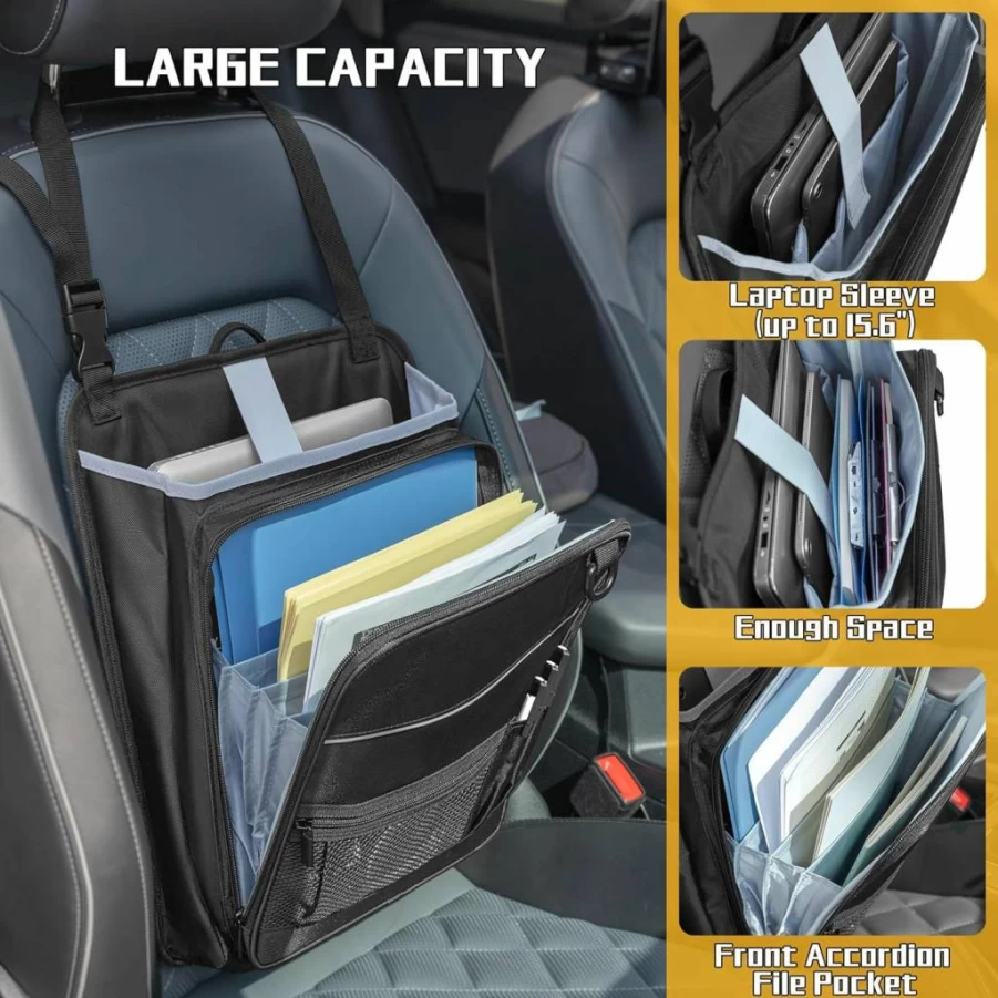 LUXJA Car Seat Organizer with Laptop Compartment (Fits 15.6 Inch), Adjustable Straps & File Pocket - Black Front Seat Storage for Passenger Side