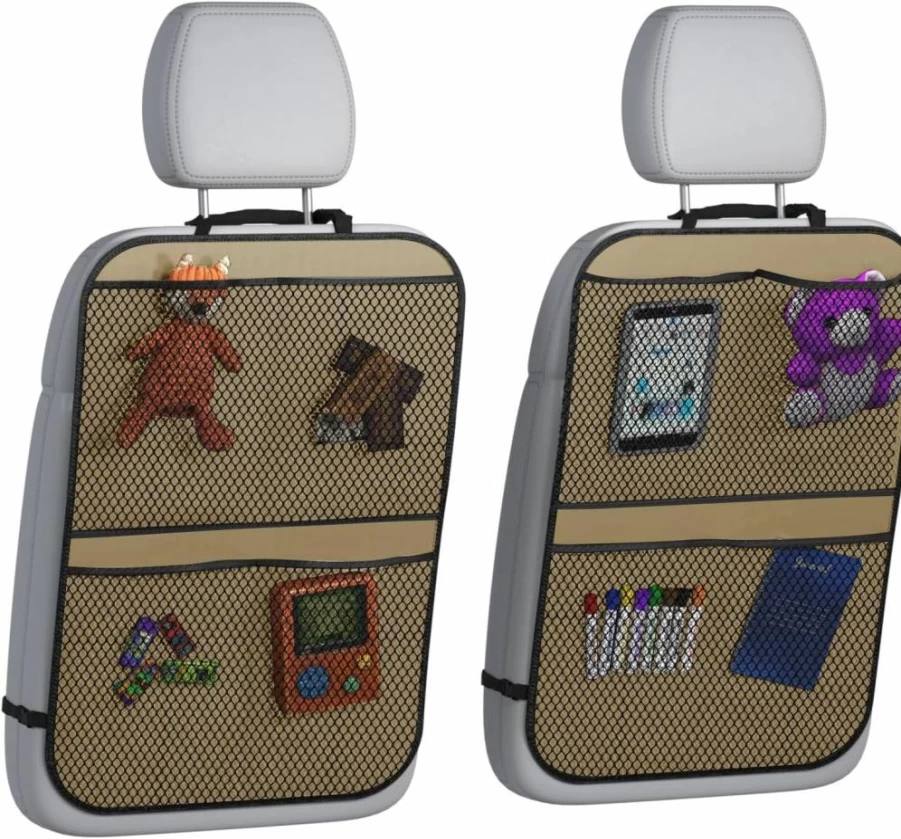 Lebogner Waterproof Back Seat Car Seat Cover for Kids with 3-Pocket Organizer, 2-Pack Kick Mats Protector for Dirt, Mud & Scratches, Beige Vehicle Backseat Accessories