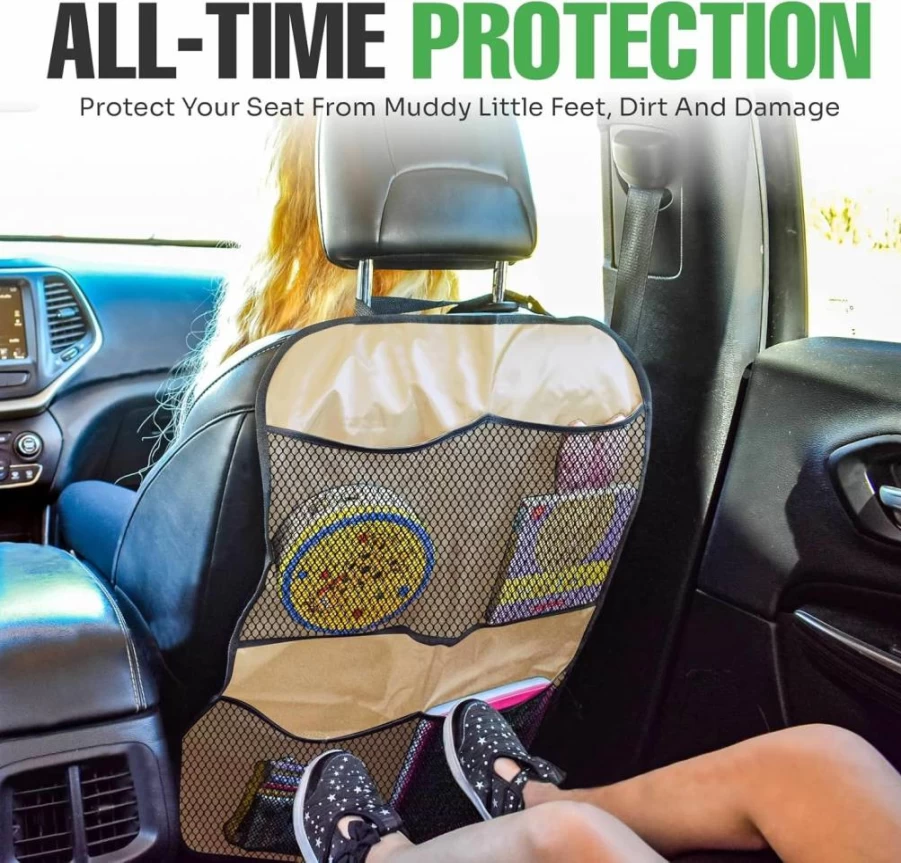 Lebogner Waterproof Back Seat Car Seat Cover for Kids with 3-Pocket Organizer, 2-Pack Kick Mats Protector for Dirt, Mud & Scratches, Beige Vehicle Backseat Accessories