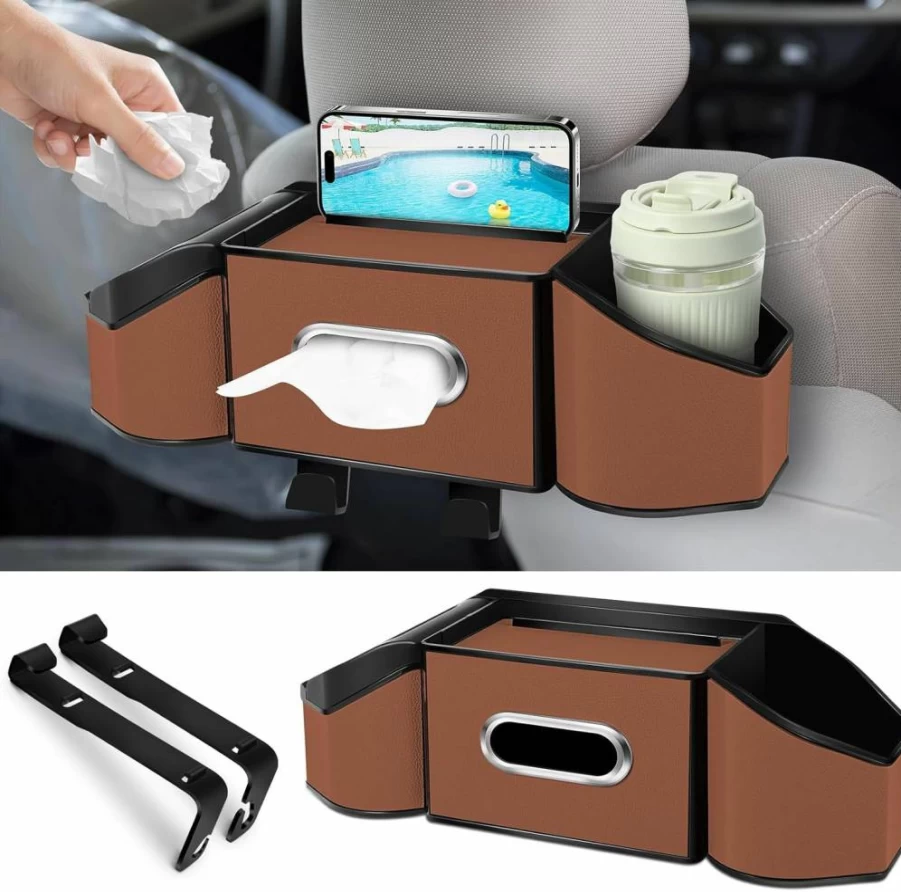 Hiitytin 7-in-1 Multifunctional Car Seat Organizer with Cup Holders, Storage Pockets, Tissue Box & Trash Bag – Backseat Headrest Storage for Cars (Black)
