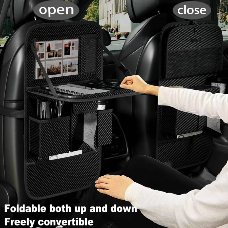 Aiuwo Premium PU Leather Car Backseat Organizer with Tablet Holder, Foldable Table, Storage Pockets & Kick Mat for Kids Toddlers Travel Accessories (Black)