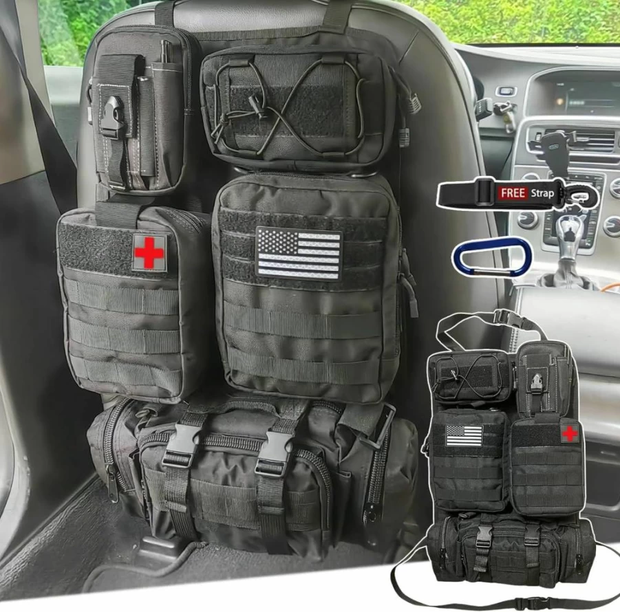 MEAUTELE 8 Pack Tactical MOLLE Car Seat Organizer with 7 Detachable Pouches for Truck SUV Jeep Ford - Durable Vehicle Storage Panel for Men