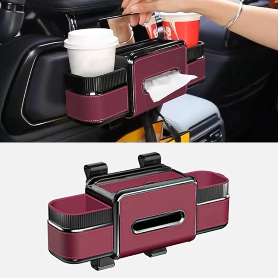 GZZJ Multifunctional Car Seat Back Organizer with Cup Holder, Makeup Mirror, Storage Pockets & Hooks - Universal Car Headrest Organizer for Women (Red)