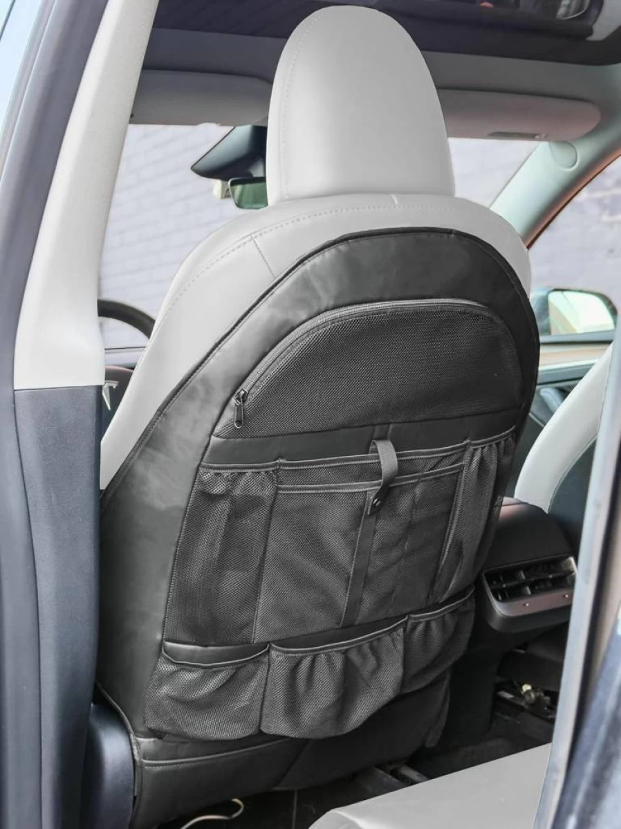 US Original Custom Fit Tesla Model 3/Y Back Seat Organizer with Zippered Pockets - Black Car Seat Protector & Storage Solution
