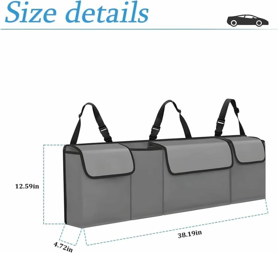 AUCELI Car Trunk Organizer with Adjustable Straps - Waterproof Collapsible Storage Bag, 4 Pockets for SUV, Truck, MPV - Backseat Hanging & Space Saving Design