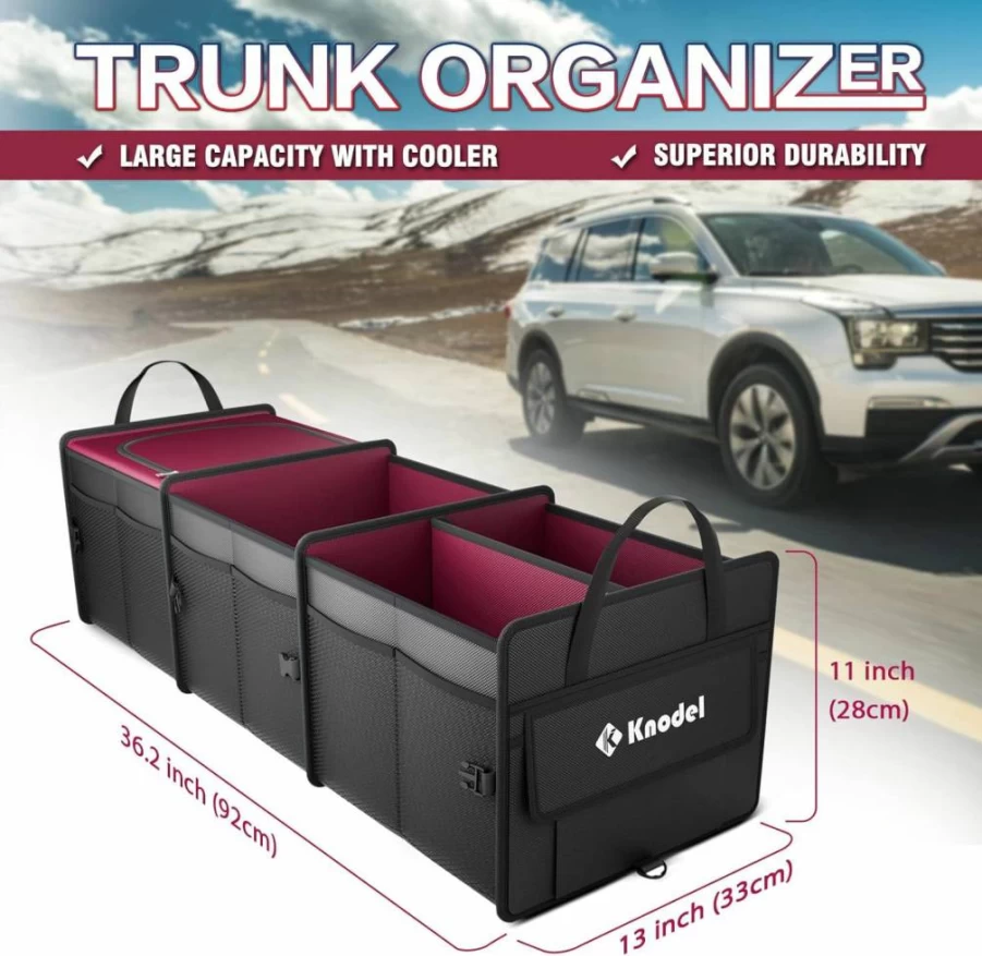 K KNODEL Premium Insulated Car Trunk Organizer - Heavy Duty Collapsible Cooler Bag with 3 Compartments for SUV, Truck, Van (Black)