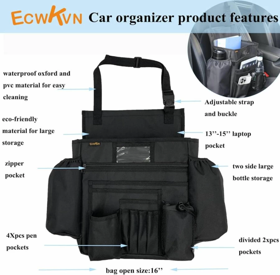 ECWKVN Car Seat Organizer with Laptop & Tablet Holder, Cup Holders, and File Storage - Black Vehicle Seat Back Organizer for Law Enforcement & Professionals