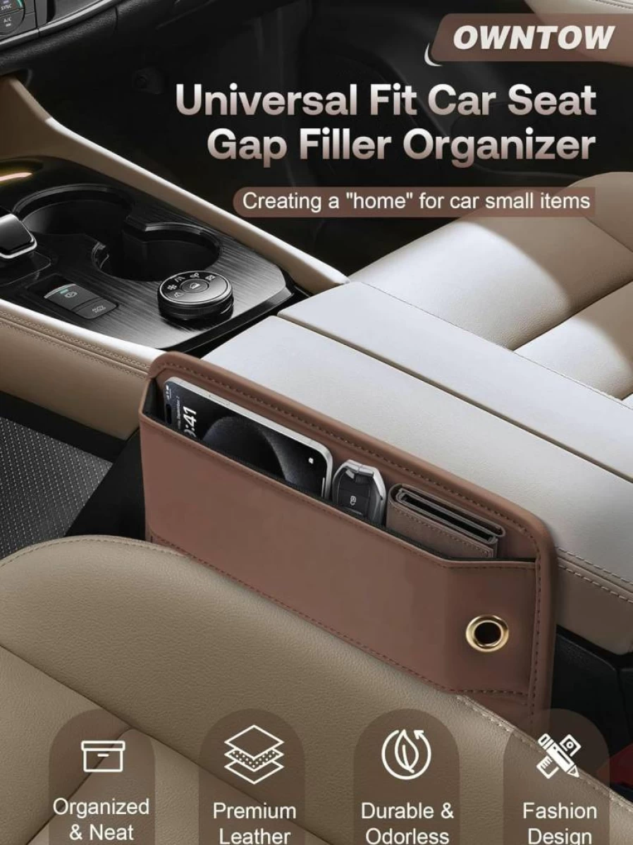 Owntow Premium Leather Car Seat Gap Filler Organizer - Universal Fit for Cars, SUVs & Trucks - Black Storage Solution (1 Pack)