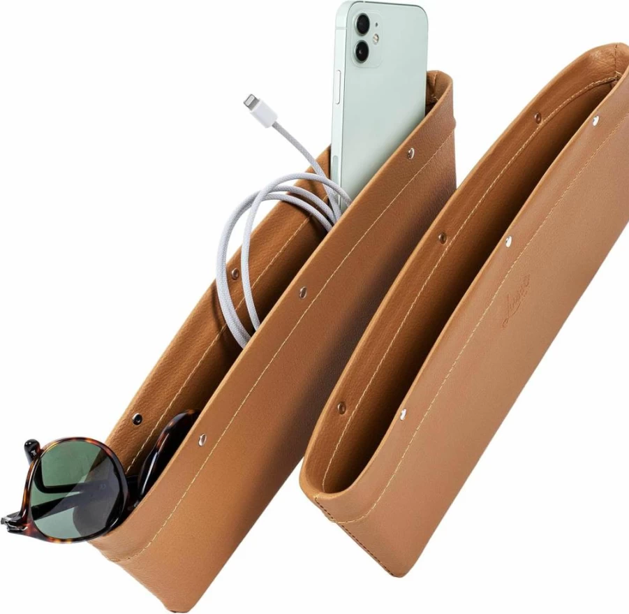Lusso Gear 2-Pack Universal Car Seat Gap Organizer - Adjustable Vegan Leather Storage for Phone, Keys, Glasses - Gray Gap Filler for Cars & Couches
