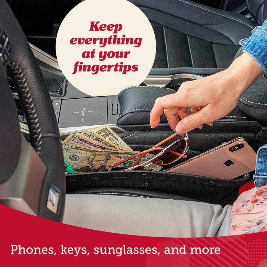 Lusso Gear 2-Pack Universal Car Seat Gap Organizer - Adjustable Vegan Leather Storage for Phone, Keys, Glasses - Gray Gap Filler for Cars & Couches
