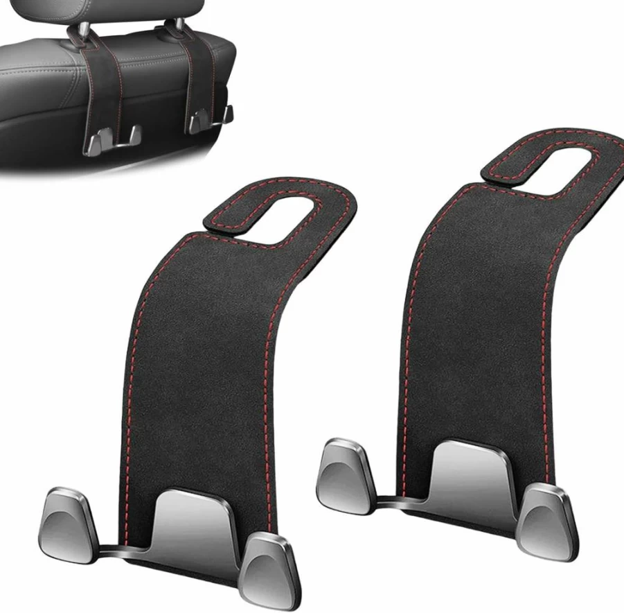 Wiojided 2Pcs Premium Car Seat Headrest Hooks - Universal Black Leather Hanger with Double Wide Metal Design for Purses, Bags, Phones & Groceries