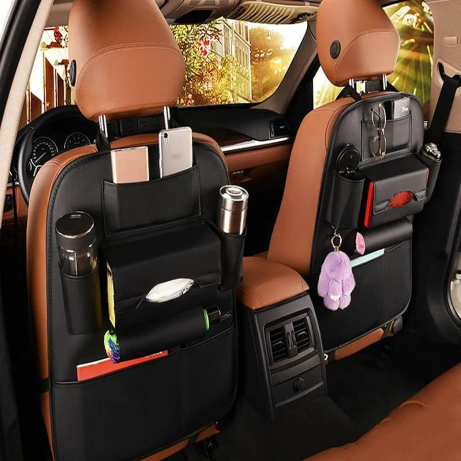 2 Pack SANMITTI Premium PU Leather Car Seat Back Organizer with Cup Holders - Universal Back Seat Protector, Kick Mats & Travel Storage Accessories (Black)
