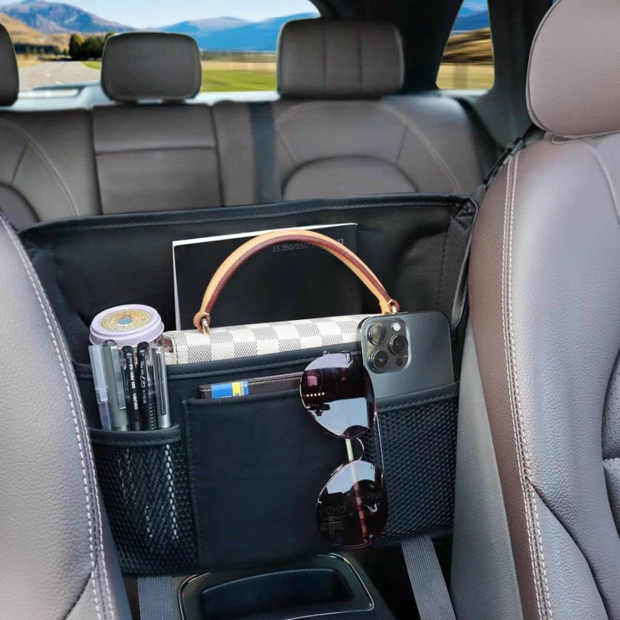 Donpeshe Car Seat Gap Organizer - 7 Compartment Handbag Holder for Purse, Phone, iPad - Suede Storage Console with Pet & Kids Safety Barrier - Black Automotive Accessories