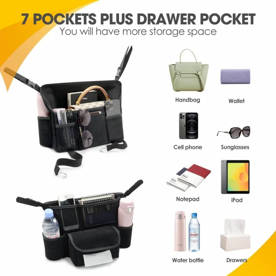 Donpeshe Car Seat Gap Organizer - 7 Compartment Handbag Holder for Purse, Phone, iPad - Suede Storage Console with Pet & Kids Safety Barrier - Black Automotive Accessories