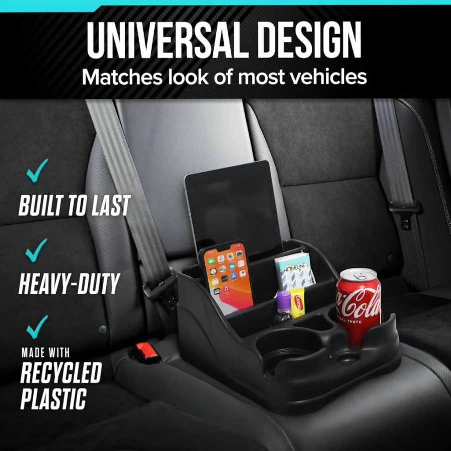 Moblorg Black Small Center Console Organizer for Cars - Recycled Plastic Cup Holder, Vehicle Storage for Trucks, SUVs, Minivans - Made in USA