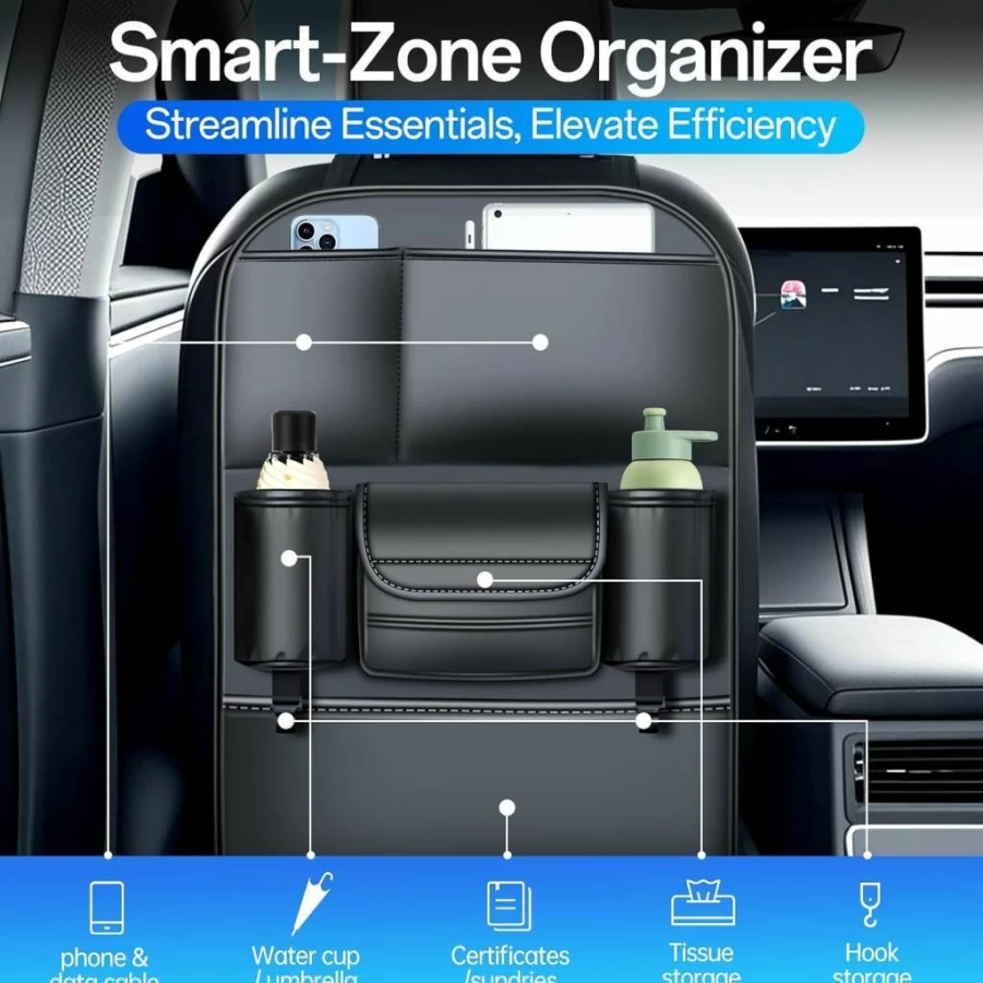 DGXWLLW Car Seat Organizer 2 Pack - Waterproof Backseat Storage with 6 Pockets, Kick Mats & Seat Back Protector for Tesla Model Y/3/X/S/Cybertruck