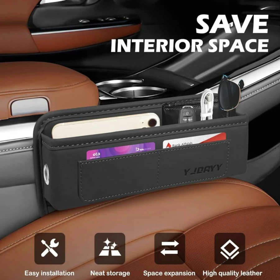 YJDayy 2 Pack Car Seat Gap Filler Organizer - Adjustable Storage for Phones, Keys, Cards - Universal Fit for SUV, Truck, Sedan - Premium Leather Car Accessories for Men & Women
