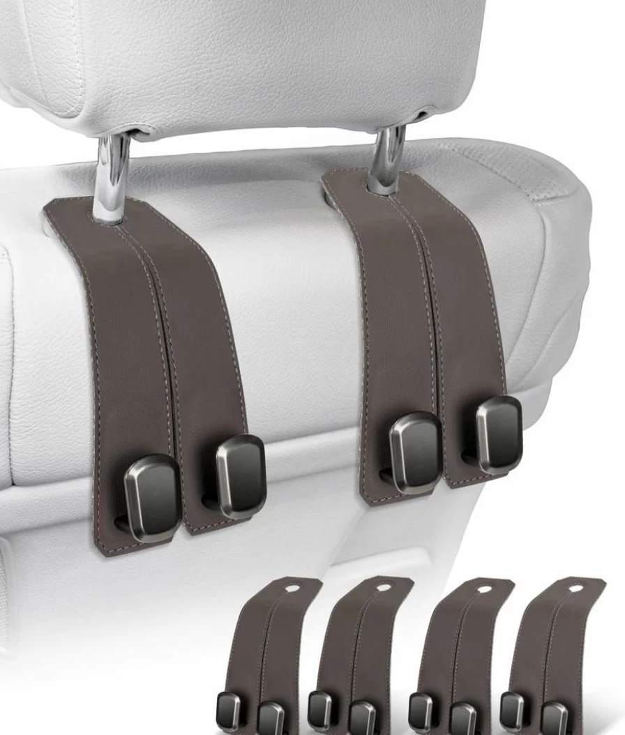 VETERBONE 2PCS Premium Leather Car Hooks for Headrest - Heavy Duty Metal Car Hanger for Seat Back Storage, Bags, Purses - Black Auto Accessories