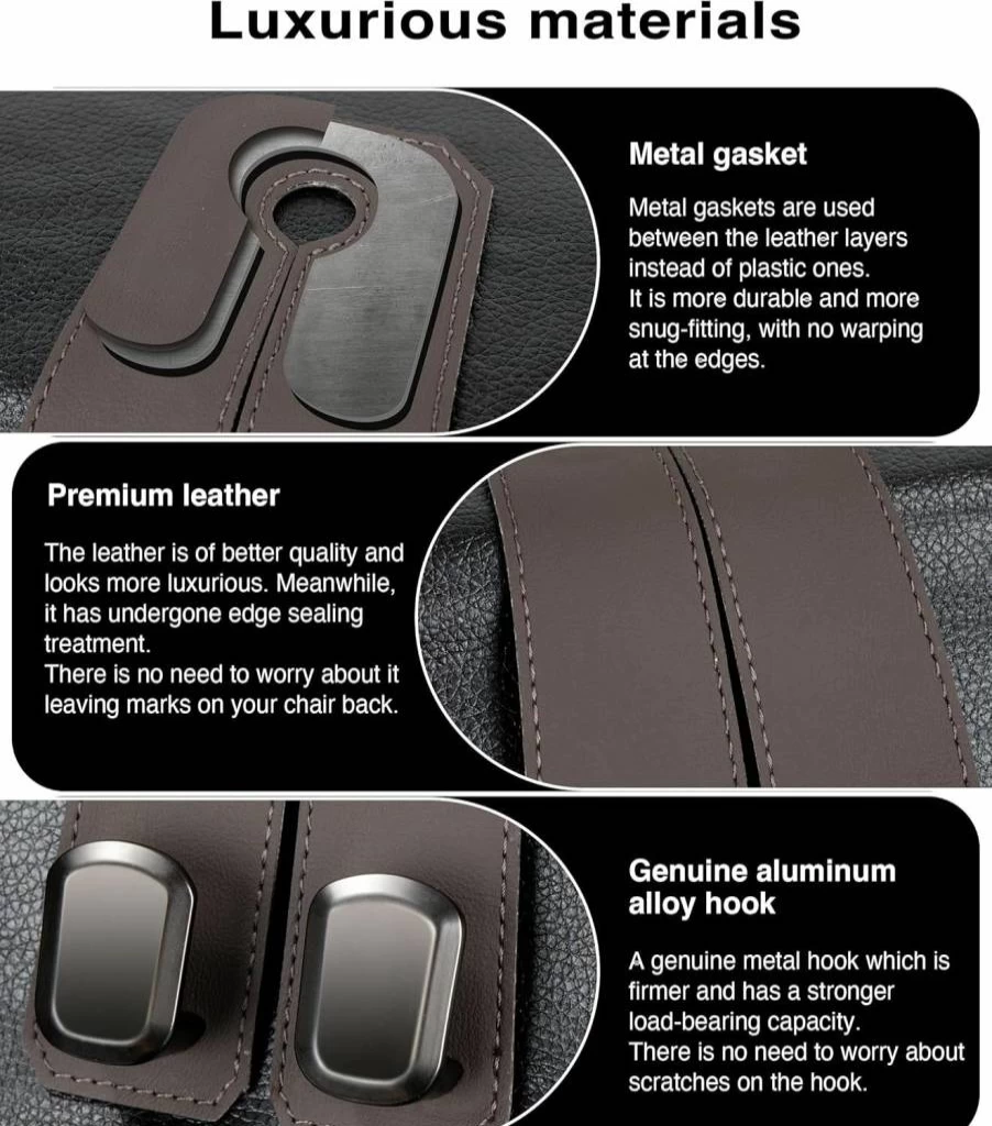 VETERBONE 2PCS Premium Leather Car Hooks for Headrest - Heavy Duty Metal Car Hanger for Seat Back Storage, Bags, Purses - Black Auto Accessories