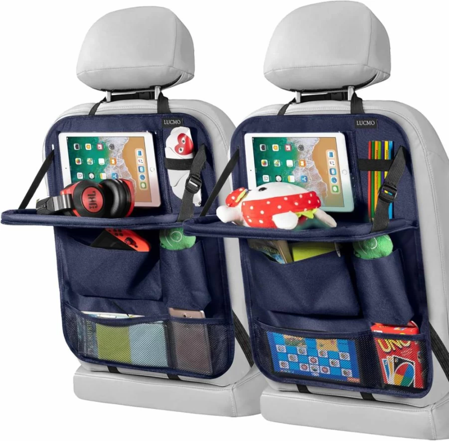 LUCMO Car Backseat Organizer with Tablet Holder - 9-Pocket Storage, Kick Mats Protector, Food Tray - Travel Accessories (Black, 2-Pack)