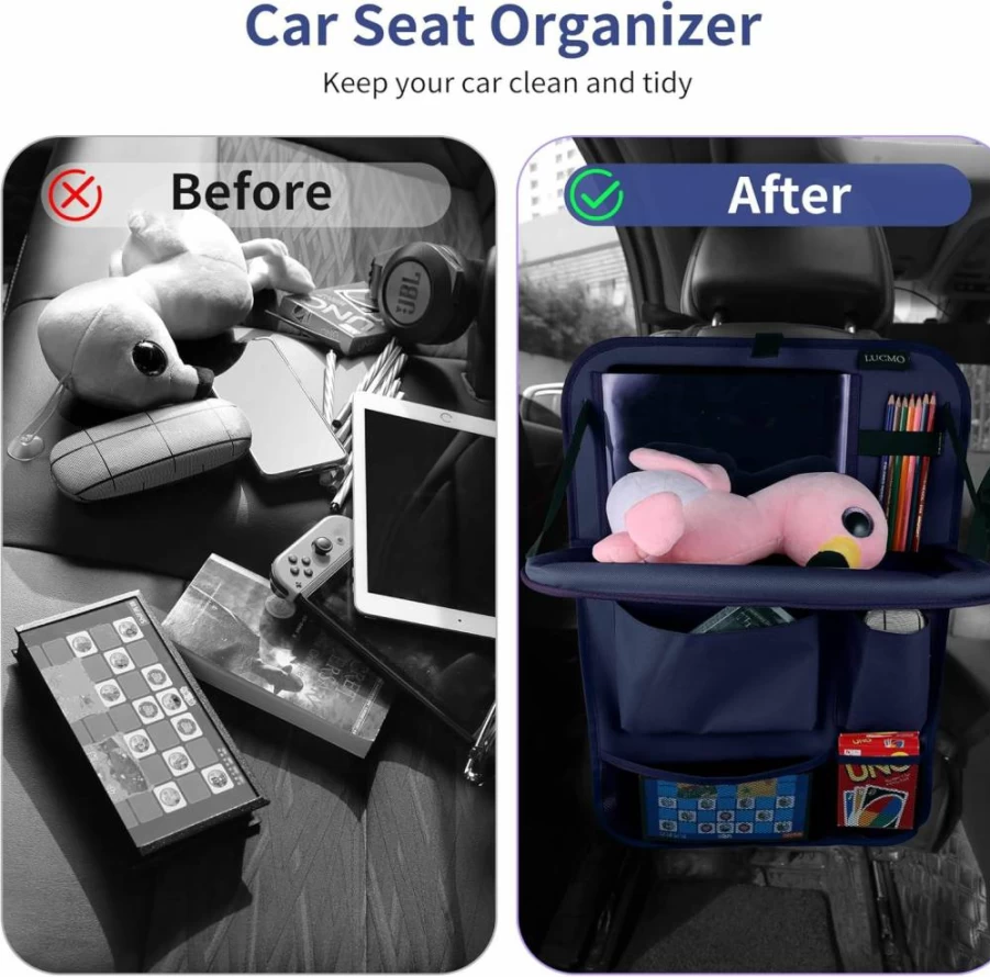 LUCMO Car Backseat Organizer with Tablet Holder - 9-Pocket Storage, Kick Mats Protector, Food Tray - Travel Accessories (Black, 2-Pack)