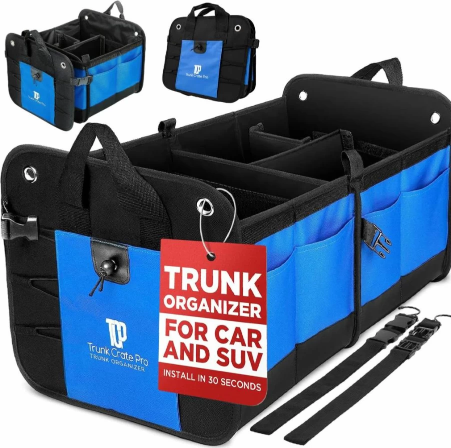 TRUNKCRATEPRO Large Black Car Trunk Organizer with Adjustable Compartments, Collapsible Design, Non-Slip Bottom & Securing Straps for SUV, Truck, and Vehicle Storage