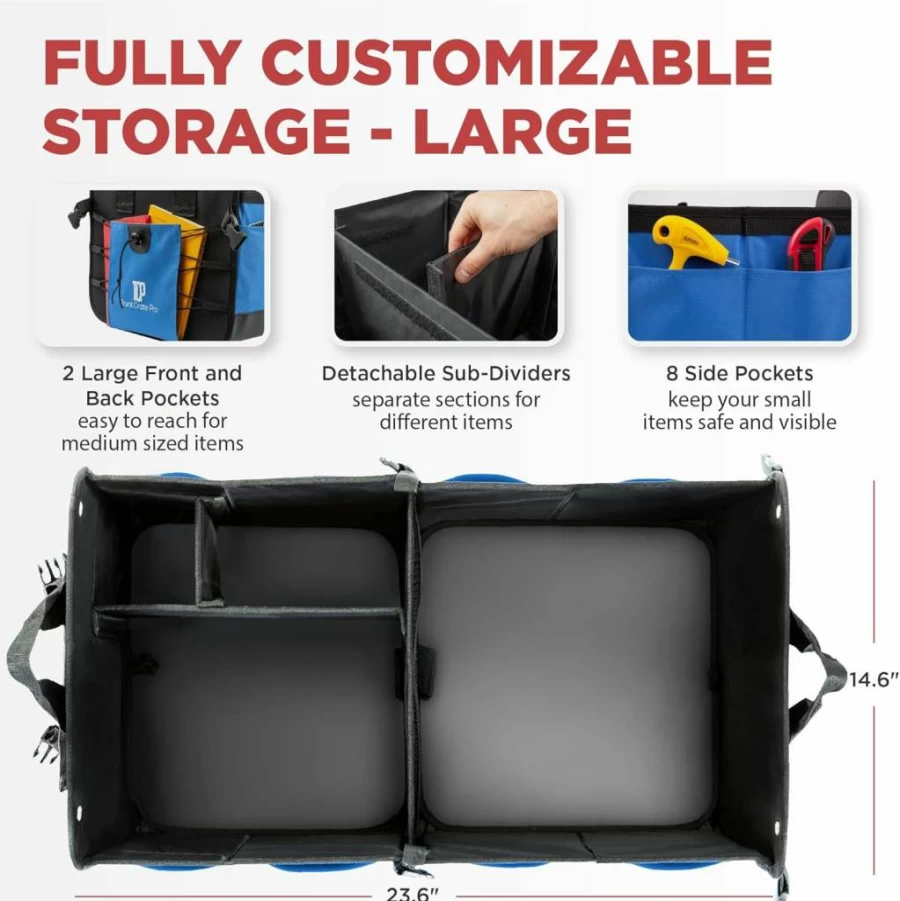 TRUNKCRATEPRO Large Black Car Trunk Organizer with Adjustable Compartments, Collapsible Design, Non-Slip Bottom & Securing Straps for SUV, Truck, and Vehicle Storage