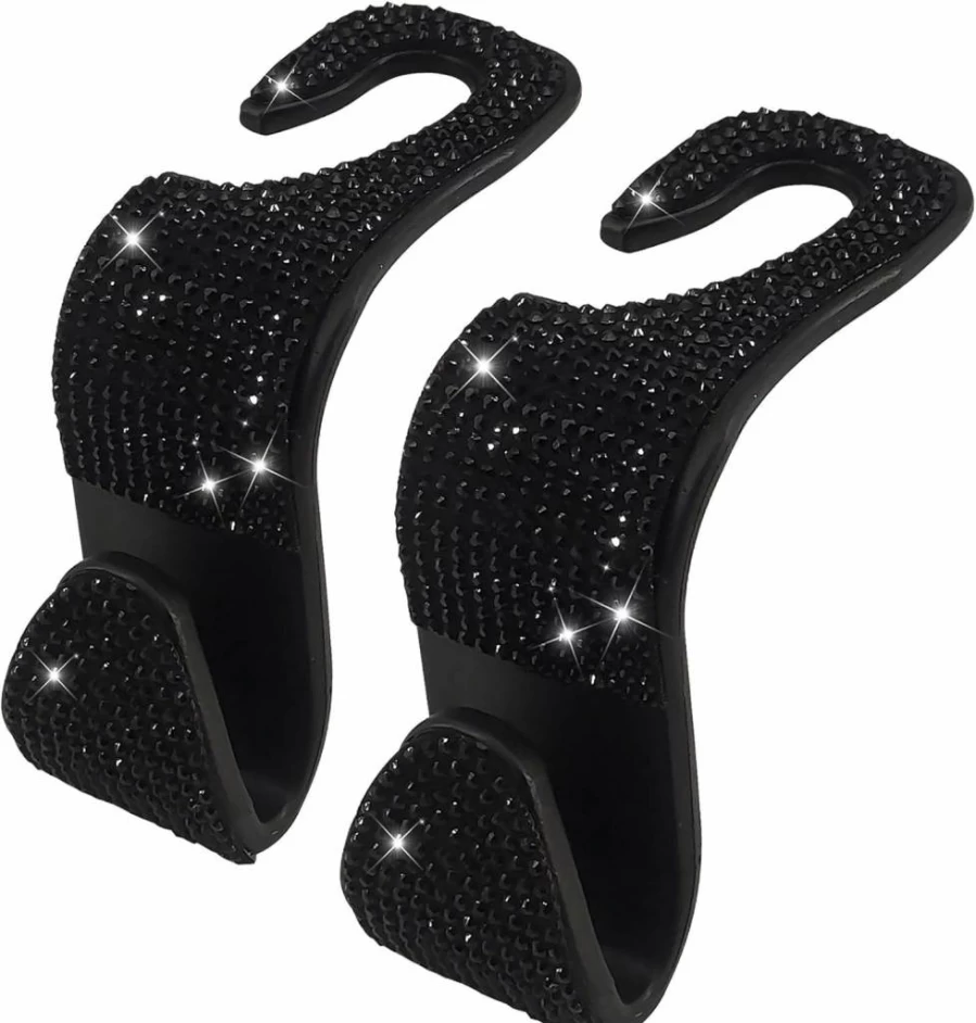 Dermasy 2 Pack Bling Rhinestone Car Hooks - Universal SUV & Truck Backseat Hanger for Storage, Durable Auto Seat Organizer, Crystal Decor (Black)