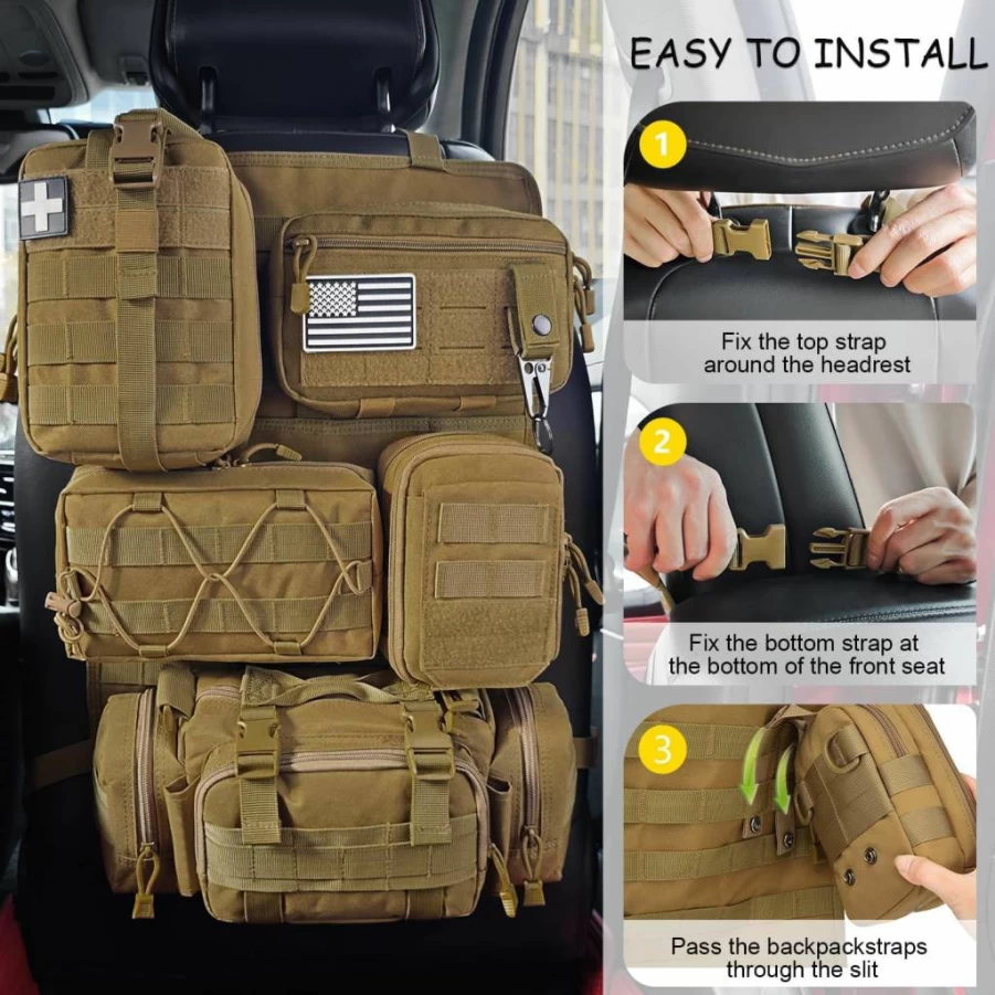 HAMBOLY Tactical Car Seat Organizer with 5 Detachable MOLLE Pouches - Universal Fit for Ford, Jeep & Trucks (2025 Upgrade)