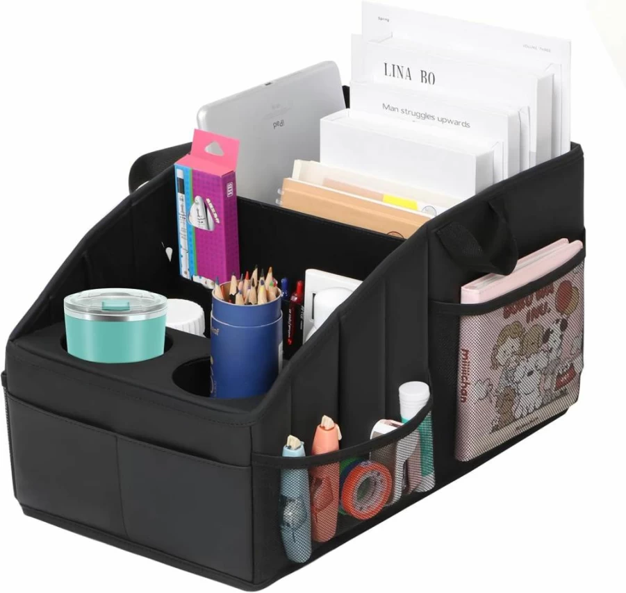 WHHMK Premium PU Leather Car Seat Organizer with 11 Pockets & 2 Cup Holders, Back Seat Storage for Kids & Travel Accessories, Car Organizer for Tidiness