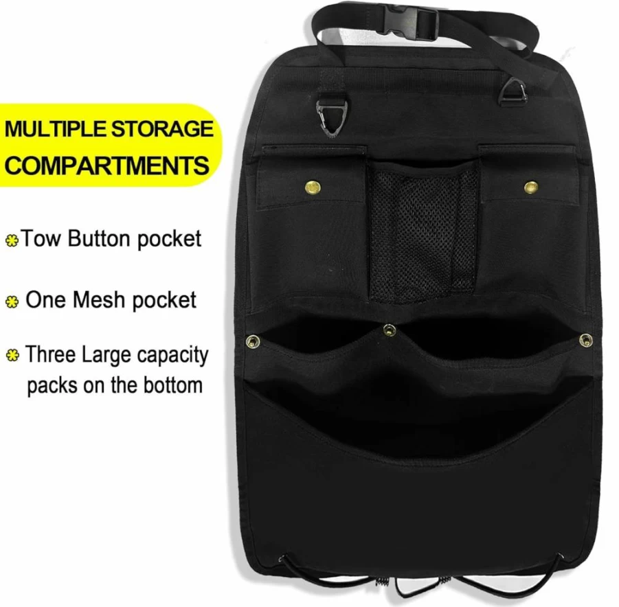 BEATUNEE Black Car Seat Organizer with Multiple Pockets, Storage Hooks for Auto Accessories