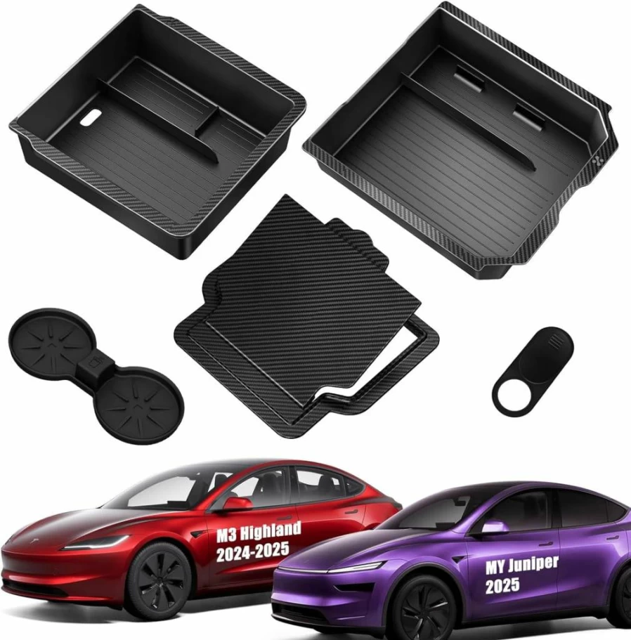XINTUO Tesla Model 3 & Y Center Console Organizer Tray 5Pcs Set - Hidden Storage Box, Cup Holder & Armrest Drawer Organizer for 2024-2025 Models