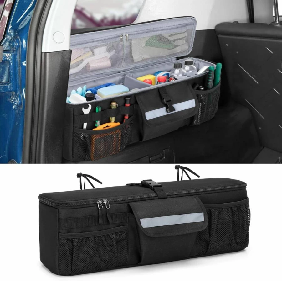 GRAOSO Car Trunk Organizer for Toyota FJ Cruiser (2007-2021) - Heavy-Duty Storage Bag with Multiple Pockets, 3 Hook&Loop Straps & 2 Adjustable Hanging Loops, Black